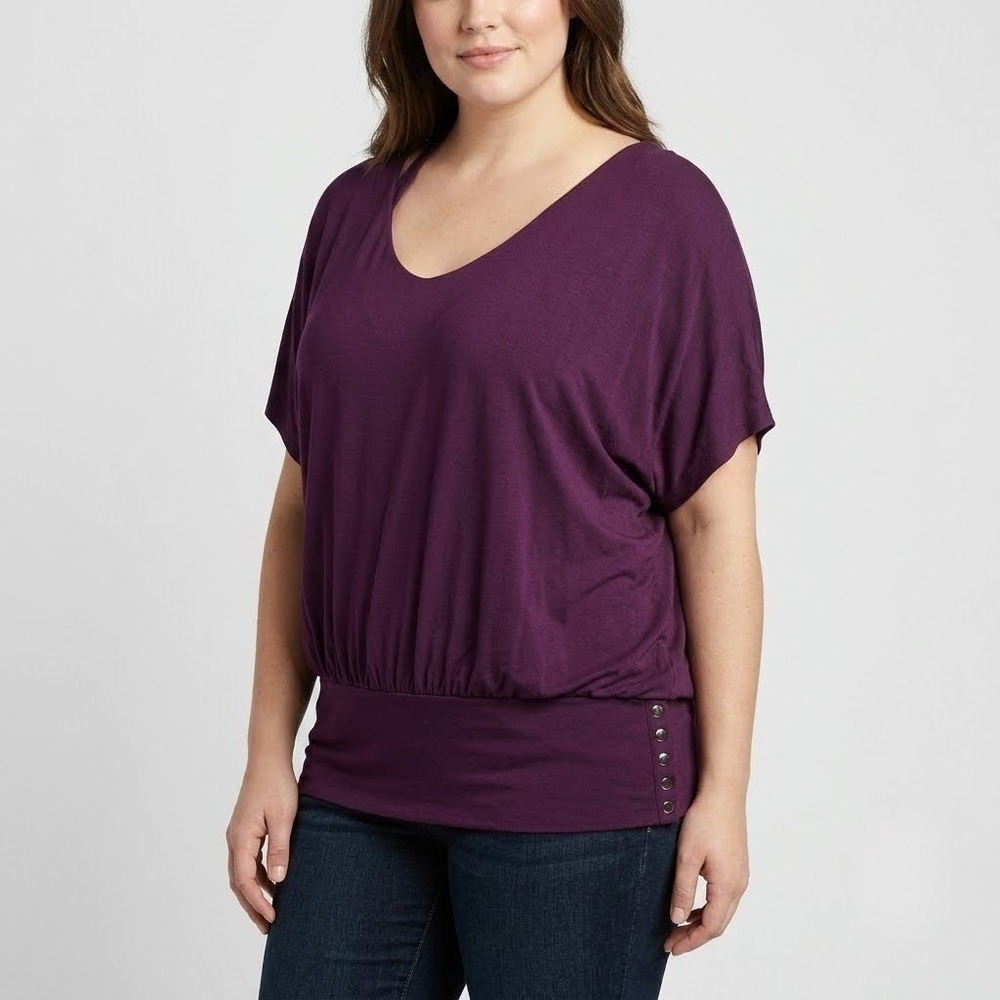 Addition‎ Elle Blouse Womens 3X Purple Banded Hem Stud Detail Tunic Top Stretch